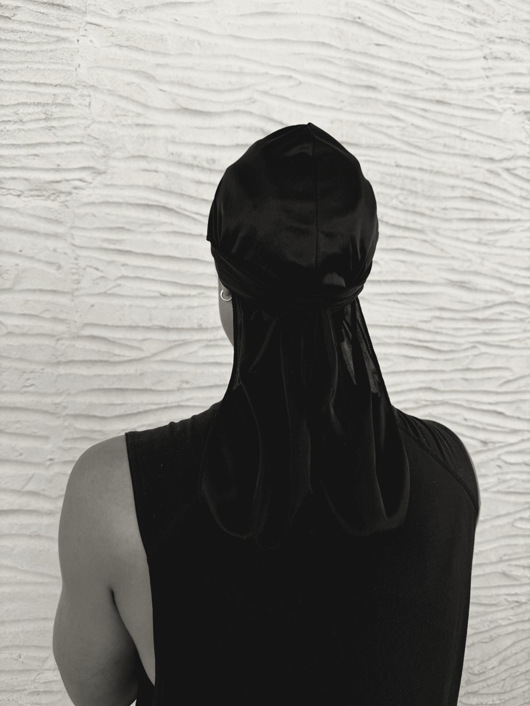 BAMBU durag worn, back view showing the tied knot